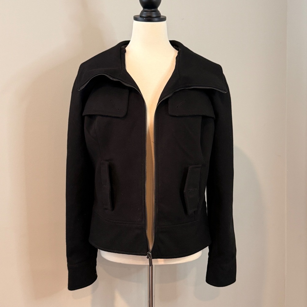 Black Wool Sugarfly Zip Front Jacket Fold Over Collar Utility Pockets - Picture 8 of 16